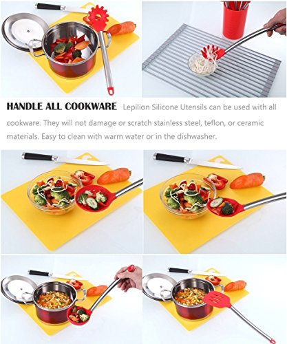 ESNBIA Silikon Küchenhelfer Set von 7 Stücke– Hitzebeständige Pfannenwender Turner, Schaumlöffel , Suppenkelle , Pasta Löffel , Suppenlöffel , Schlitzlöffel – Set mit Halter - 4