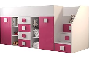 Kryspol Etagenbett für Kinder Toledo 3 Stockbett mit Treppe, Schreibtisch, Bettkasten (Weiß/Weiß Glanz + Rosa Glanz, Seite: rechts)