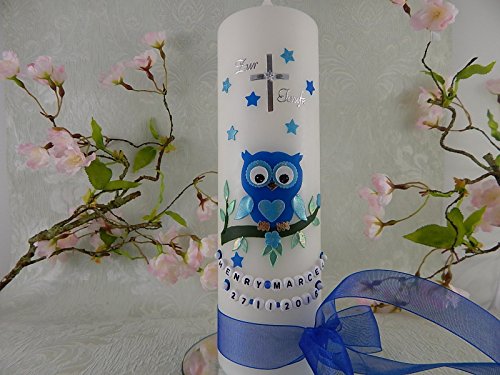 Taufkerze Eule blau handmade Taufkerzen für Jungen 250/70 mm mit Name und Datum - 2