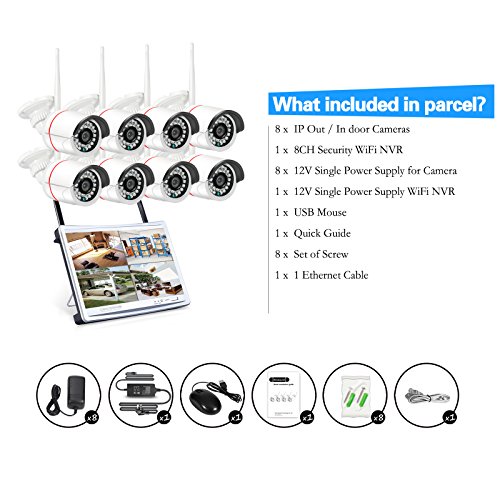 Wireless Security Camera System, Swinway Home Wireless CCTV System 8Channel 12 Inch Monitor NVR 1.30 Megapixels Surveillance Wireless IP Cameras Indoor Outdoor Weatherproof Free APP NO Hard drive