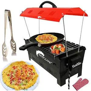 HOTLIFE 1200W Zamboo Size 10 Wooden Handle Skewers 2-in-1 Electric & Cahrcaol Barbeque Grill & Tandoor with Red Hut Shape