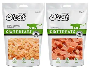 O'Cat Chicken and Broccoli Thin Chips 50 GMS +Tuna Granule 50GMS Treats for Cats & Kitten | Dental & Training Cat Treats.