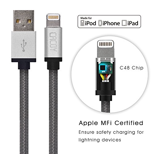 CACOY 2m iPhone Lightning Kabel Nylon USB Ladekabel [Apple MFi Zertifiziert] für iPhone 7, 7 Plus, 6s, 6s Plus, 6, 5s, 5c, 5, SE, iPad Pro, iPad Air, iPad Mimi und weitere (Grau) - 2