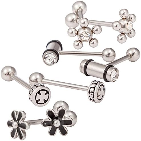 QILICZ 10 Pieces Tongue Barbell Set of 316L Surgical Steel, Nipple Rings Cubic Zirconia Tongue Rings Body Piercing Jewelry for Men Ladies Bar Diameter: 1.6mm/Bar Length: 16mm