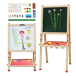 KIDS WONDER Kids Easel Double-Sided Whiteboard & Chalkboard Standing Easel with Bonus Magnetics, Numbers and Other Accessories for Kids and Toddlers (Burlywood-Without Paper Holder)