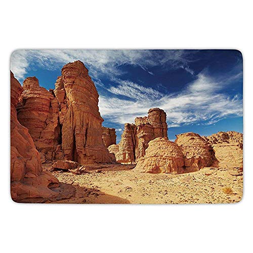 ziHeadwear Bathroom Bath Rug Kitchen Floor Mat Carpet,Desert,Bizarre Sandstone Cliffs in Sahara Desert Tassili NAjjer Algeria,Navy Blue Mustard Orange,Flannel Microfiber Non-slip Soft Absorbent