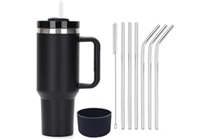 Moollyfox 1200 ML Tasse Isotherme à Double Paroi en Acier Inoxydable avec Poignée Tasse à Café Voyage Voiture avec Paille en Acier Inoxydable et Couvercle en Silicone Noir