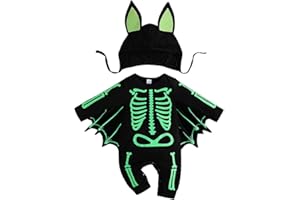 LYZOURBB Baby Boy Girl Halloween Outfits Unisex Infant Long Sleeve One-Piece Bat Romper Glow in The Dark Halloween Skeleton Jumpsuit Overalls with Hat for 0-24M