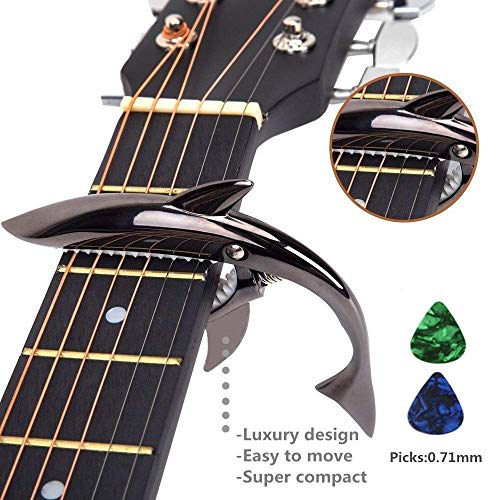 Cejilla para guitarra acústica y eléctrica de tiburón Capo de aleación de zinc para 6 cuerdas de guitarra con buena sensación de mano, sin traste de zumbido y duradero, negro