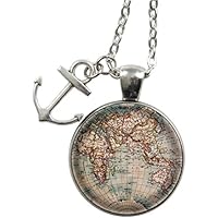 Halskette - Gliederkette 75cm - silber - Cabochon 25mm Anhänger - antike Weltkugel Motiv - beige blau - mit Anker Anhänger