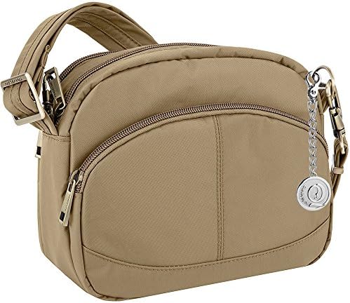 Travelon 42850 Anti-Theft Signature E W Shoulder Bag with metal charm Keychain (Khaki)