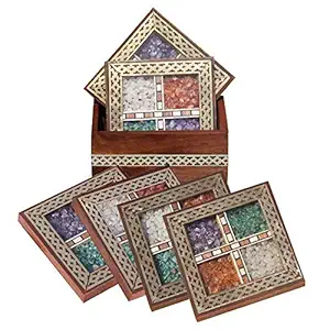 Handicrafts Paradise Gemstone shisham Brass Coaster Set of 6 pcs PSSW 14021