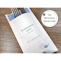 10 Stück personalisierbare Bestecktasche Kommunion, Konfirmation oder Taufe mit Fisch, blau grau Staffelpreisrabatt