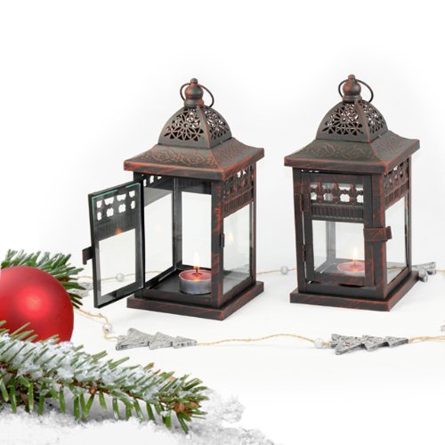 2er SET Laterne LUCCA braun Jugendstil 24cm Windlicht Metall Teelicht Beleuchtung Dekoration Kerze - 2