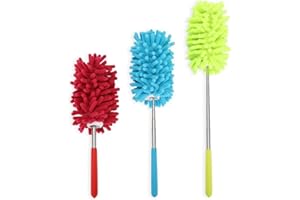 KissDate Microfiber Extendable Hand Dusters Washable Dusting Brush with Telescoping Pole for Cleaning Car, Computer, Air Conditioning, TV and Else Pack of 3 (Red Blue Yellow)