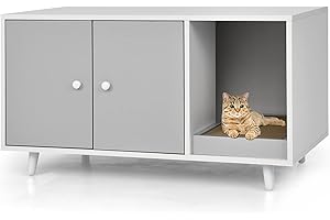COSTWAY 3 en 1 Casa para Gatos con Rascador Extraíble, Mesa de Centro Auxiliar de Madera, Cueva para Gatos con 2 Puertas, Mueble Arenero de 90 x 50 x 50 cm (Gris)