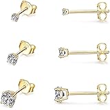 PRETTERY 3 Pairs Silver Stud Earrings, 925 Sterling Silver Stud Earrings with 5A Cubic Zirconia, Hypoallergenic Small Sleeper