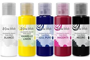 Gran Velada - Pack économique colorants liquides pour bougies 5 x 30 ml | Couleurs primaires magenta, noir, bleu, jaune et blanc | concentrés, faciles à utiliser et vibrants pour bougies Case