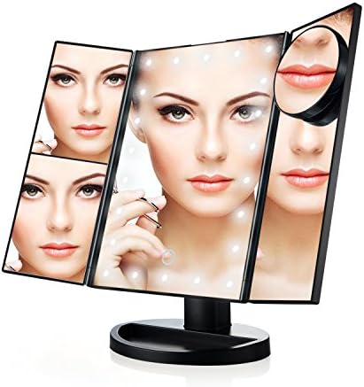 2x 1x Vanity Makeup Table Mirror 22 LEDs Light Illuminated Make-Up Mirror 10X Illuminated Tri-Fold Stand Make Up Mirror with Touchscreen and 180 ° Dual Power Mode Travel Beauty Mirror