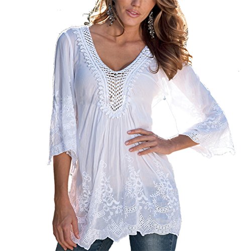 Damen Bluse ININUK Sommer Tops V Ausschnitt Oberteile Tunika Spitze Elegant Langarm Shirt Lady Bluse Komfortabel