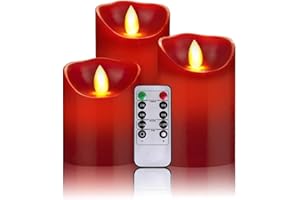 OSHINE Candele a LED, senza fiamma,300 ore (10,2 cm 12,7 cm 15,2 cm, Je Ø 8 cm) 10 tasti del telecomando con funzione di timer 24 ore, rosso [Classe di efficienza energetica A]