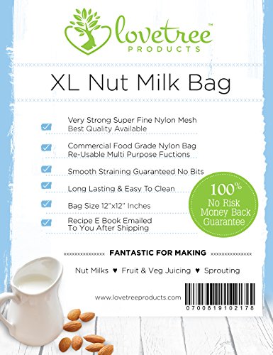Love Tree Produkte Nut Milk Größe XL 30,48 cm x cm (12 30,48 (12-best von Qualität Sieb kommerziellen-Mandeln von hohe Qualität, Motiv besten-Tuch für Käse & für Lebensmittel, wiederverwendbar, Super strapazierfähig, 200 Micron mm, aus Nylon mit glatte Milks, Kokos, Hanf, Soja- und Säfte von Gemüse & jeder Augenblick ein Risiko 100% zufrieden oder Geld zurück. - 2