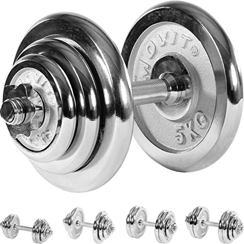 MOVIT® Chrom Gusseisen Kurzhantel Set, Varianten 1x15 bis 1x30 kg, Stangen gerendelt mit Sternverschlüssen Chrom-Hantel-Set