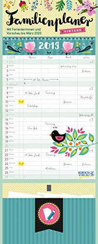 Familienplaner Vintage 19 x 47 241019 2019: Familienkalender, 4 große Spalten. Familientimer mit Ferienterminen, extra Spalte, Vorschau für 2020, Stifthalter und Zetteltasche. Format: 19 x 47 cm