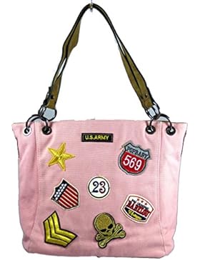 Canvas Tasche mit angesagten Patches - Damentasche Mädchentasche - Handtasche Henkeltasche - Maße (ohne Henkel...