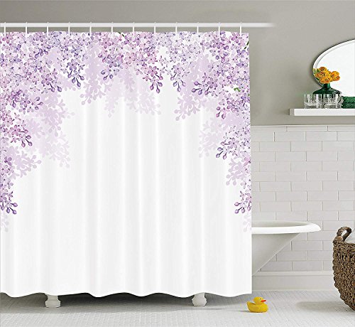 BUZRL Flower Shower Curtain, Framing Lilac Flowers in Blossom Vernal Season Soothing Color Shades, Fabric Bathroom Decor Set with Hooks, 60 * 72inchs Long, Pale Mauve Lavender White