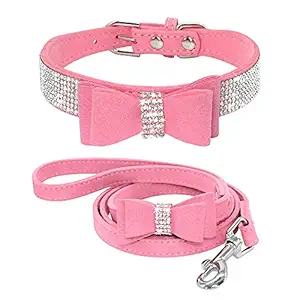Beirui Rhinestone Bling Leather Dog Collar & Leash Set - Soft Flocking Sparkly Crystal Diamonds Studded - Cute Double Bowknot - Perfect 4 Foot for Pet Show Neck for 10-12.5