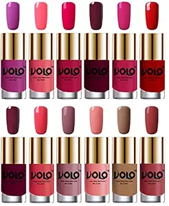 Volo Luxury Super Shine Nail Polish Set of 12 Vibrant Shades (Bright Plum, Pink Mania, Moon Magenta, Wine, Passion Pink, Red, Light Wine, Light Pink, Nudes Spring, Candy Cotton, Dark Nude, Tan)