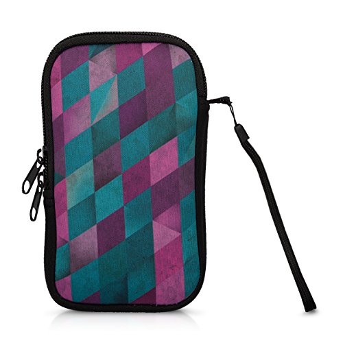 kwmobile Custodia in neoprene con zip per smartphone M - 5,5 - porta cellulare a sacchetto con cerniera - custodia verticale con Design mosaico multicolore fucsia menta