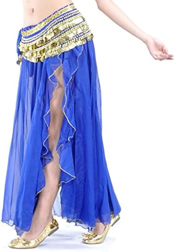 Byjia Ballroom Solid Color Belly Dance Long Double Opening Skirt Leaves Curling Skirt Modern Dance Costume Full Circle Women Dress Dance Skirts . Deep Blue . A