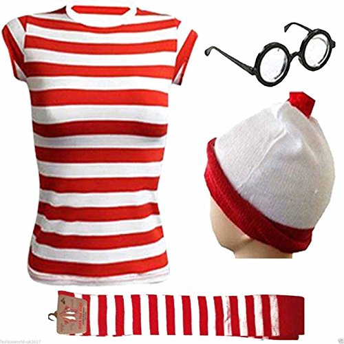 FUN FASHION UK LIMITED New Womens Girls Wheres Wally Strips T-Shirt Kit Hen Party Costume Book Week Day (Red &amp; White, Large)