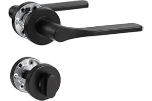 SORWDUERM Poignée de porte noire en acier inoxydable mat - Poignée de porte pour porte d'entrée et porte intérieure - En forme de L - Rosace ronde - Cylindre profilé