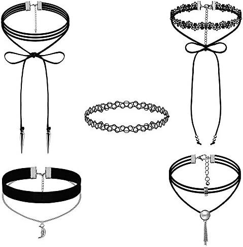 Black Choker Necklaces Set Gothic Stretch Tattoo Choker Elastic Tassel Pendant Necklaces for Women &amp; Girls 5 Pieces Velvet