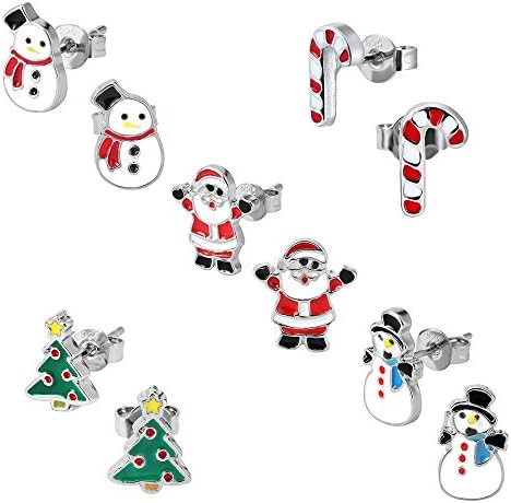 Kids Christmas Stud Earring Set - Pack of 5 Pairs Hypoallergenic Christmas Gift Earrings for Girls Teens Women, Including Red Santa Claus, Candy Cane, White Snowman, Green Christmas Tree Cute Earring