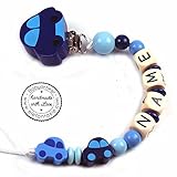 PREMIUM Schnullerkette mit Namen HOLZ Modell Auto Total blau