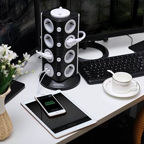 SAFEMORE Schaltbare 15 Fach Steckdosenleiste Mehrfachsteckdosen Steckdosenturm mit 2 USB Anschlüsse 2500W/10A Schwarz + Weiß - 7