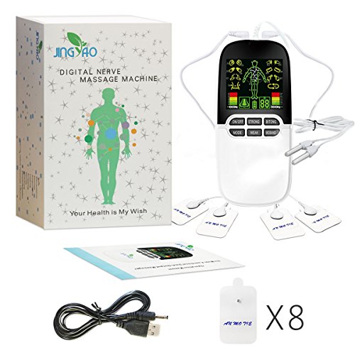 Electroestimulador Muscular, iFanze Electroestimulador TENS, Reduce Dolor de Espalda, Cuello, Codo, Hombro, Nervio, Recargable por USB, Pantalla LCD, 4 Self-adhesive Electrodes, 8 Programas, Tratamiento Rinitis, Blanco