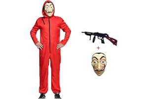 Anxicer Costume de carnaval, combinaison de voleur de banque pour Halloween, cosplay, rouge, à manches longues avec capuche, masque et mitrailleuse
