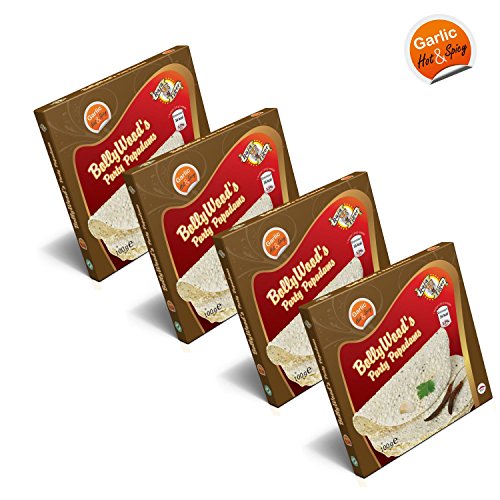 4x BollyWood's Party Papadams Garlic Knoblauch Hot & Spicy von Raja Tiger, 100 Gramm, Authentisch nach original indischer Rezeptur - Erstmals in Europa die neuen Bolly Chips Cracker - Too hot for you