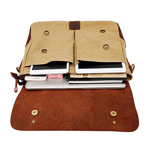 bupell Umhängetasche für Laptop und Akten aus echtem Büffel-Leder und Canvas – Für Notebooks bis 14″ – Unisex Vintage Messenger Bag, Aktentasche, Schultertasche, Notebooktasche – - 5