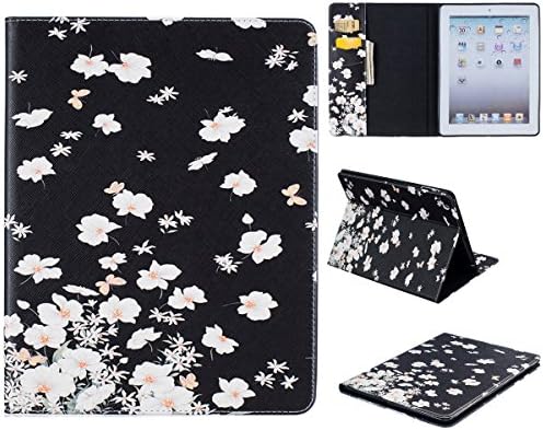 iPad 4 Case, iPad 3 Case, iPad 2 Case - Kio Ultra Slim PU Leather Case Cover [Card Slots] with Stand Flip Cover Shell Colorful Painting Protective Case for Apple iPad 4 / iPad 3 / iPad 2 (White flower)