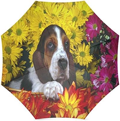 Basset Hound Dogs and Flowers Anti Rain Windproof Travel Golf Sports Foldable Umbrella