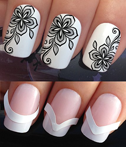 WATER NAIL TRANSFERS DECALS STICKERS ART SET #660 & 172. **plus x48 nail tip guides!!** x12 FRENCH TIPS BLACK LACE FLOWERS TATTOO WRAPS & x48 FRENCH MANICURE TIP GUIDES! CAN BE USED WITH NATURAL GEL ACRYLIC STICK ON NAILS! OR WITH GLITTER DUST CAVIAR BEADS ALLOYS DECORATIONS CONFETTI FIMO SHAPES TAPE PENS RHINESTONES!