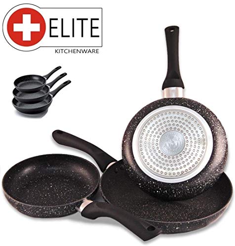 ELITE KITCHENWARE Juego 3 sartenes Antiadherente Piedra induccion 20-24-28 vitroceramica Fuego