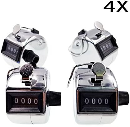 JZK 4 x Hand Held Tally 4 Digits Mechanical Palm Manual Clicker Counter with Metal Loop, Silver