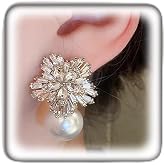 White Snowflake Rhinestone Pearls Dangle Earrings for Women, Sparkly Crystal Flowers Faux Pearls Statement Earrings Trendy Fl